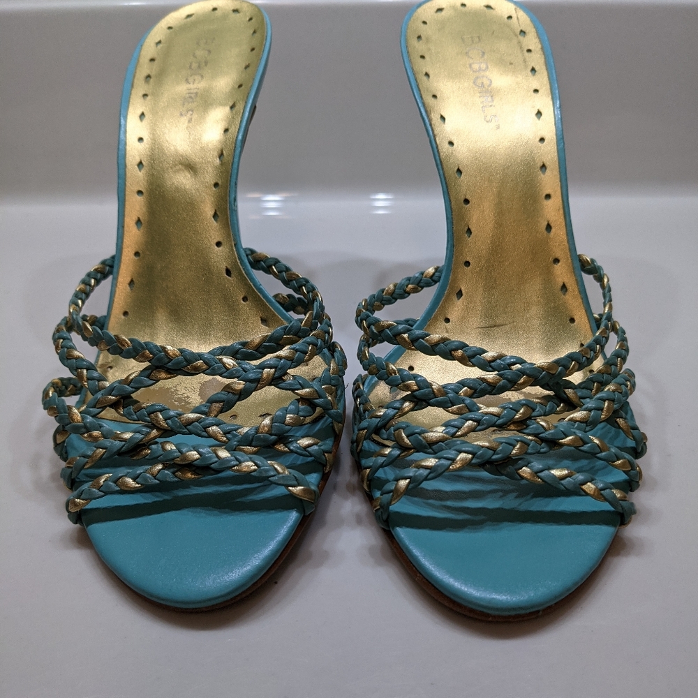 BCBG Tiffany Blue & Gold Slide Sandal - Size 7.5M